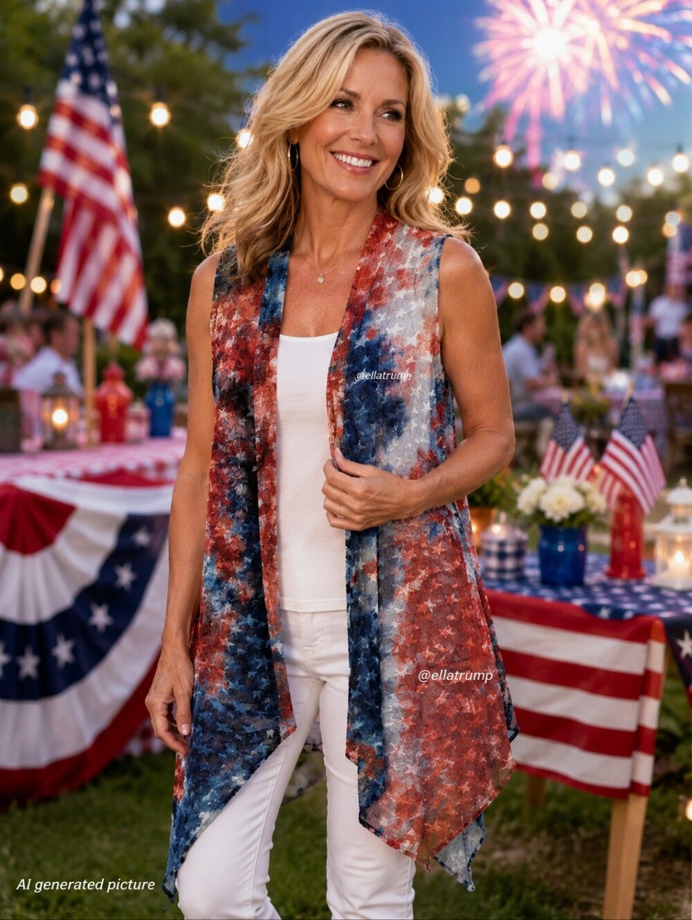 Keren Hart Long Gauzy Sheer Patriotic Open Front Vest Women's Sz Large